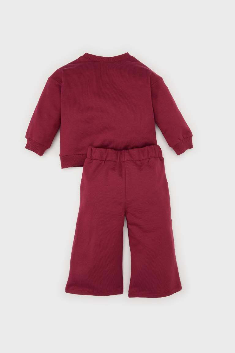 Kız Bebek 2'li Takım Basic Düz Bisiklet Yaka Sweatshirt Geniş Bol Paça Alt