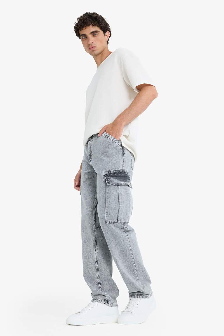 %100 Pamuk Relax Fit Rahat Kesim Kargo Cepli Geniş Paça Jean Pantolon