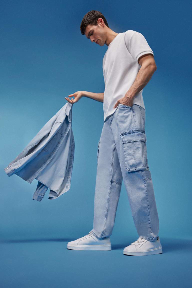 %100 Pamuk Relax Fit Rahat Kesim Geniş Paça Kargo Cepli Jean Pantolon