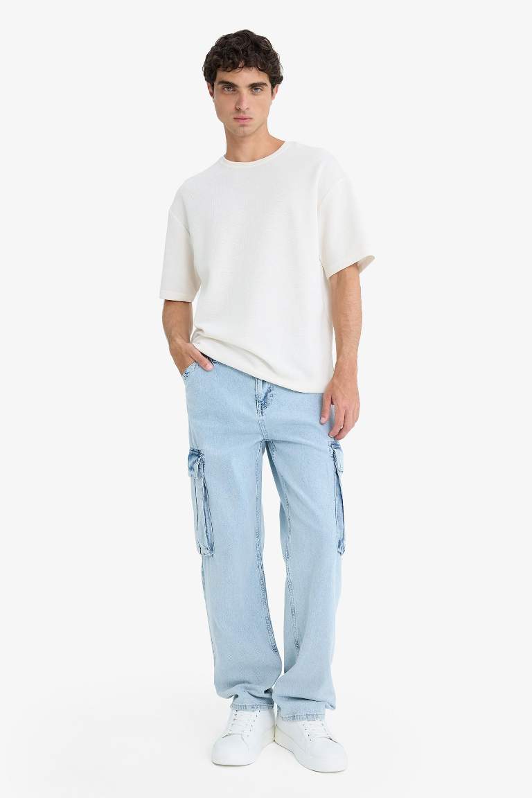 %100 Pamuk Relax Fit Rahat Kesim Geniş Paça Kargo Cepli Jean Pantolon