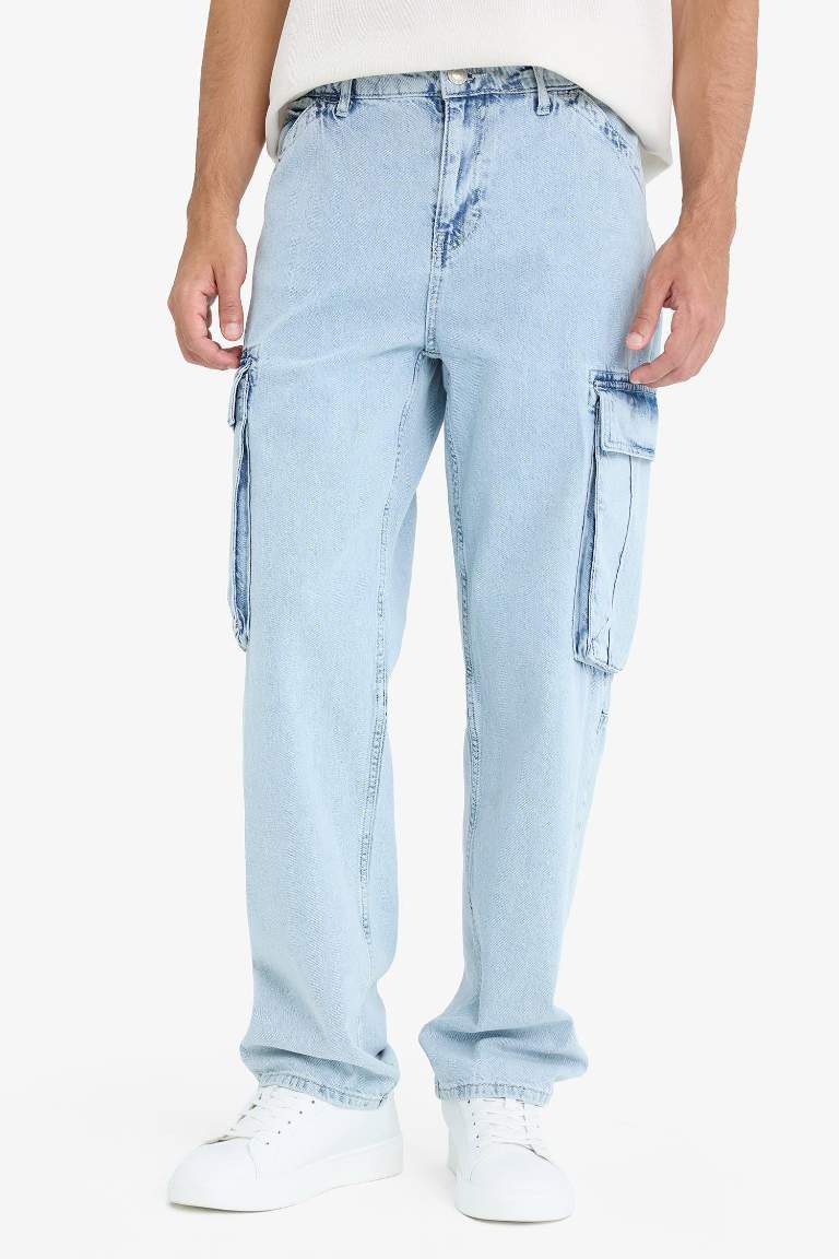 %100 Pamuk Relax Fit Rahat Kesim Geniş Paça Kargo Cepli Jean Pantolon