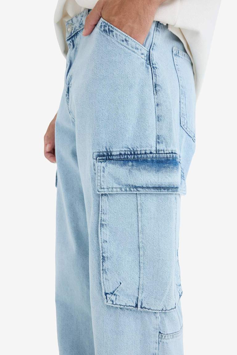 %100 Pamuk Relax Fit Rahat Kesim Geniş Paça Kargo Cepli Jean Pantolon