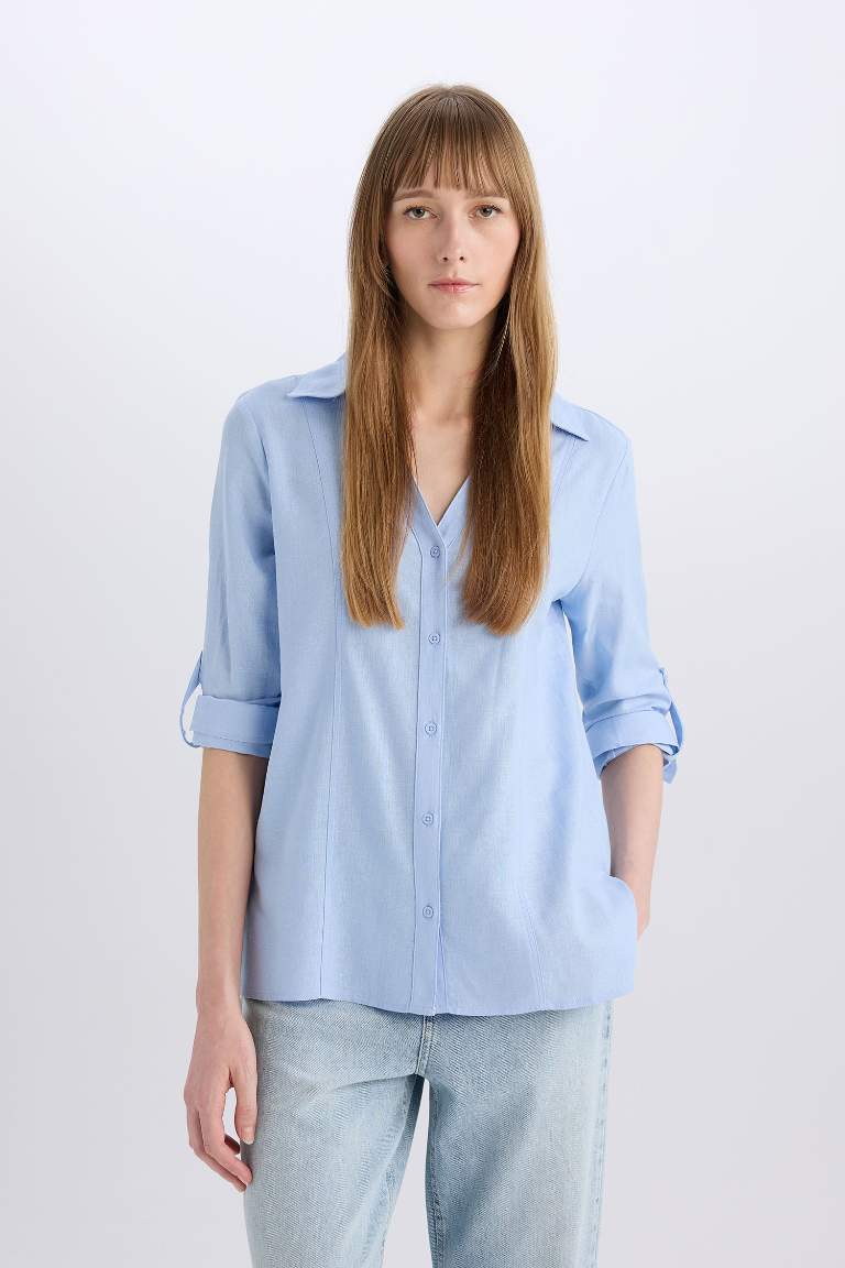 Regular Fit V Neck Linen Blend Long Sleeve Shirt