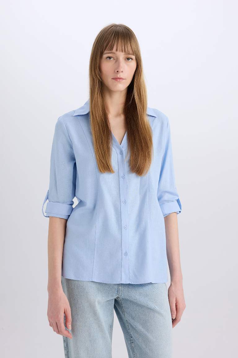 Regular Fit V Neck Linen Blend Long Sleeve Shirt