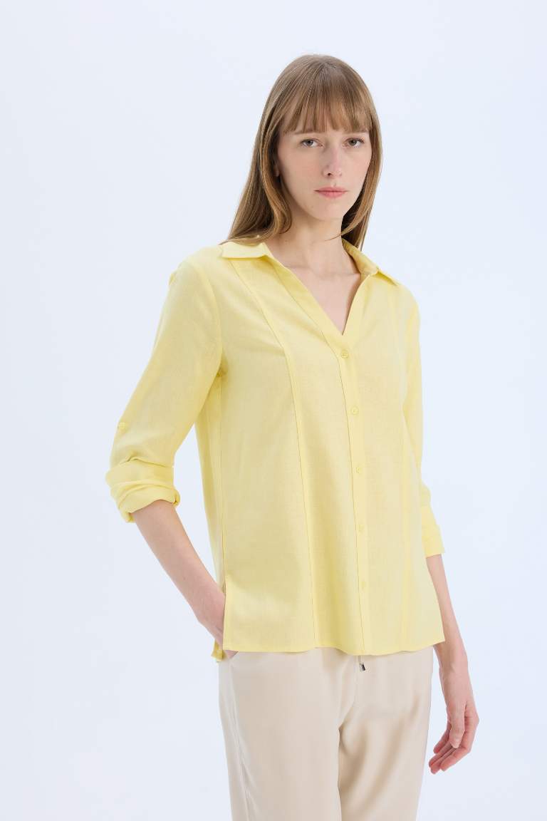 Regular Fit V Neck Linen Blend Long Sleeve Shirt