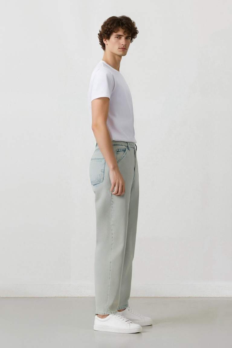%100 Pamuk Baggy Fit Geniş Kalıp Normal Bel Geniş Paça Yıkamalı Jean Pantolon