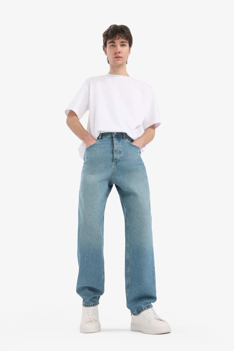 %100 Pamuk Baggy Fit Geniş Kalıp Normal Bel Geniş Paça Soluk Efektli Jean Pantolon