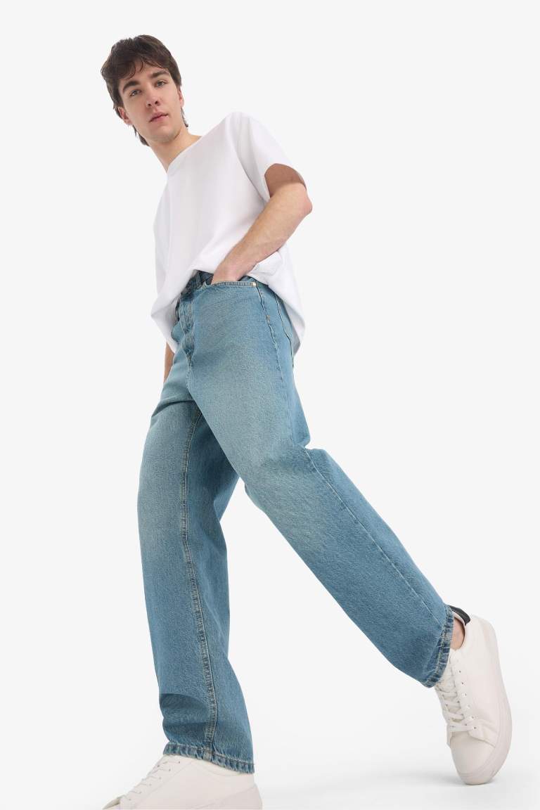 %100 Pamuk Baggy Fit Geniş Kalıp Normal Bel Geniş Paça Soluk Efektli Jean Pantolon