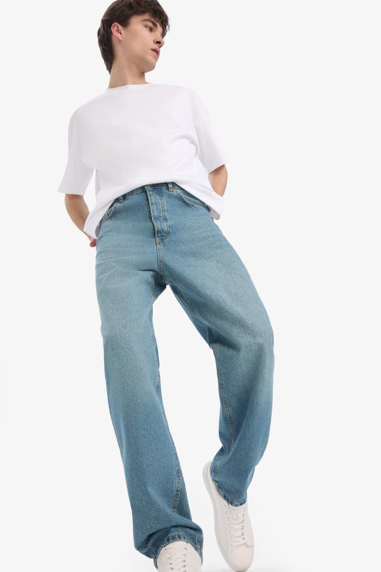%100 Pamuk Baggy Fit Geniş Kalıp Normal Bel Geniş Paça Soluk Efektli Jean Pantolon