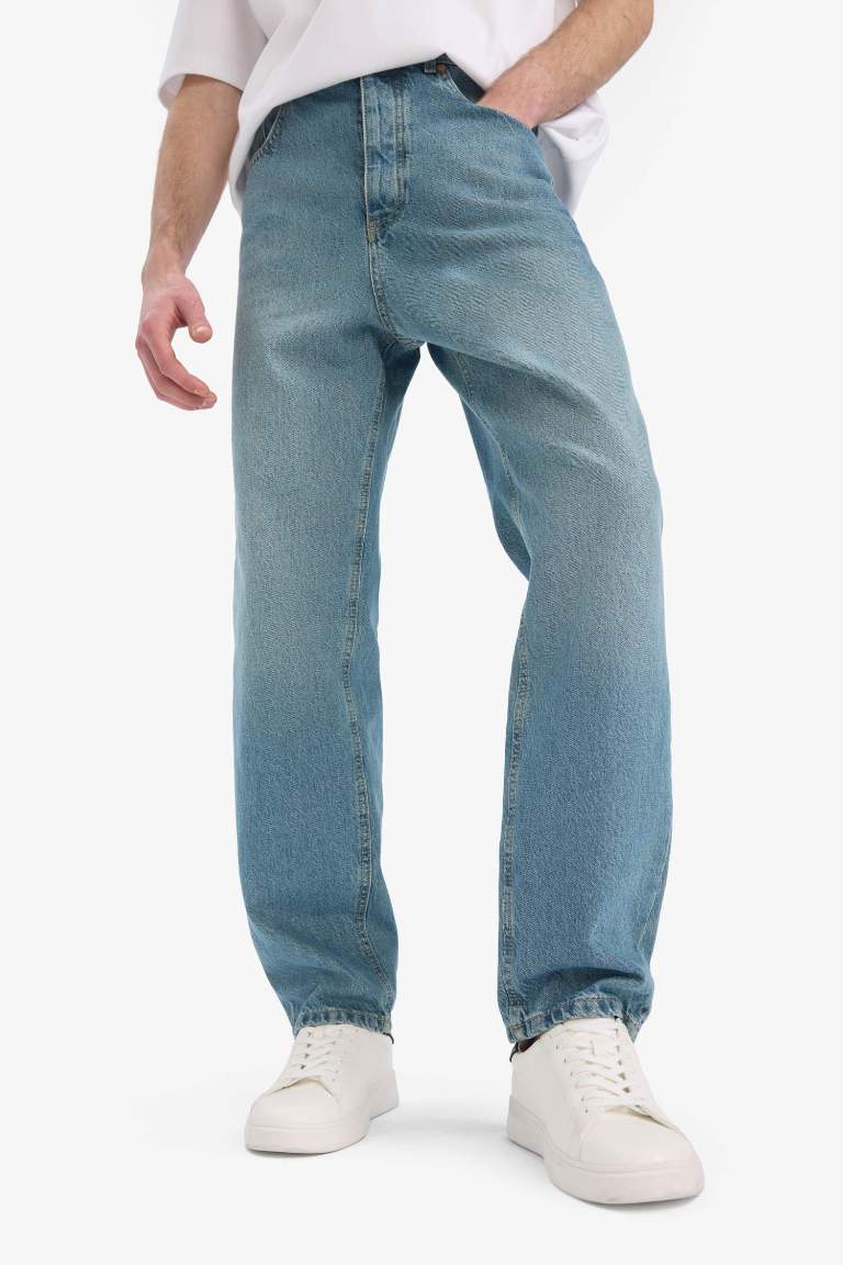 %100 Pamuk Baggy Fit Geniş Kalıp Normal Bel Geniş Paça Soluk Efektli Jean Pantolon