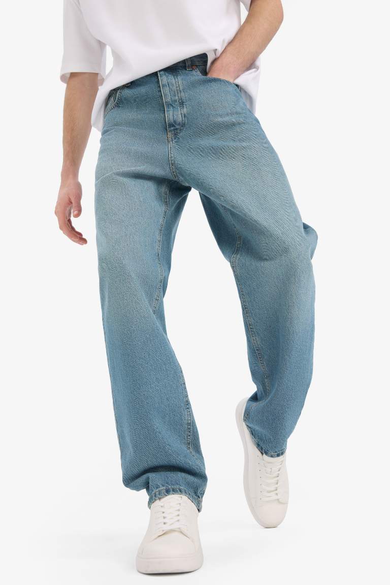 Baggy Fit Geniş Kalıp Normal Bel Geniş Paça Pamuklu Soluk Efektli Jean Pantolon