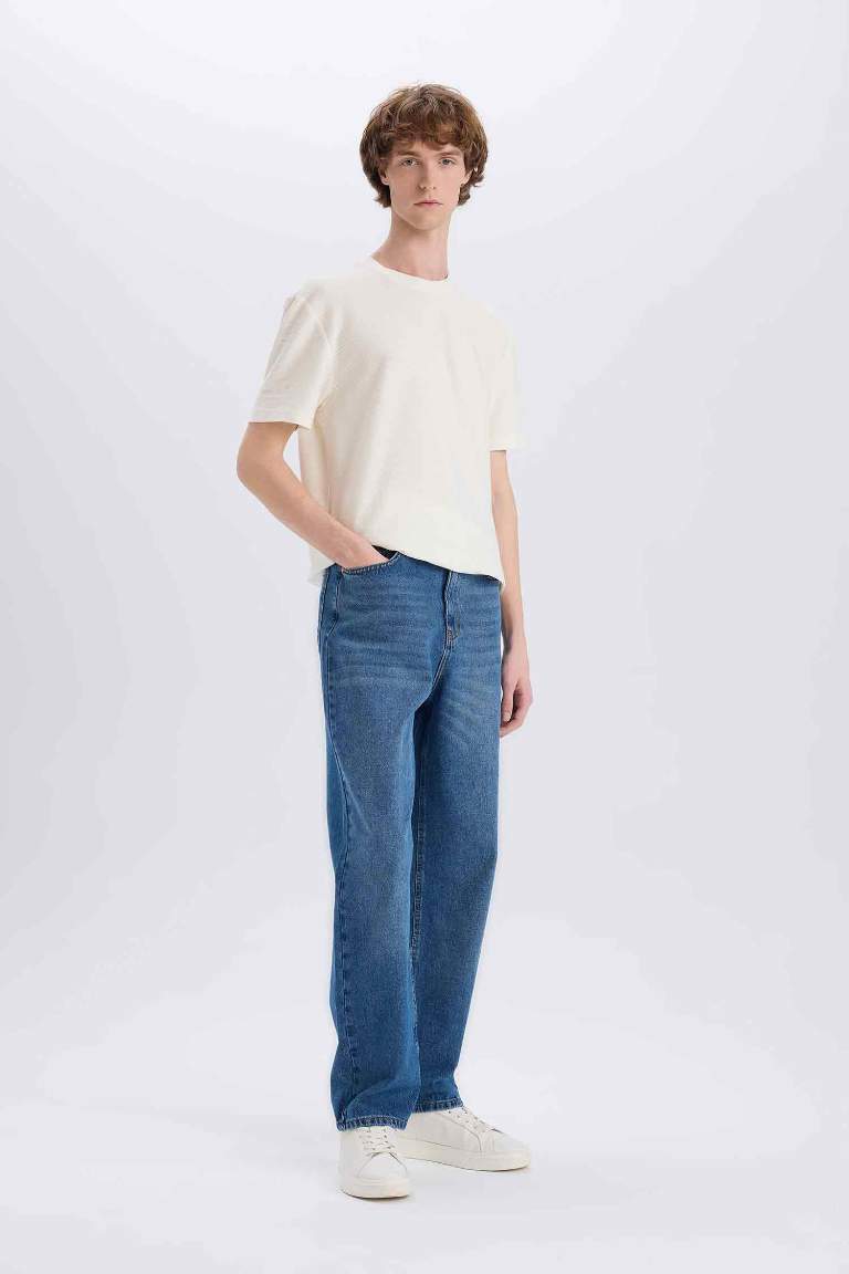 %100 Pamuk Baggy Fit Geniş Kalıp Normal Bel Geniş Paça Soluk Efektli Jean Pantolon