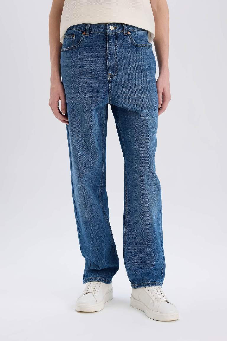 %100 Pamuk Baggy Fit Geniş Kalıp Normal Bel Geniş Paça Soluk Efektli Jean Pantolon