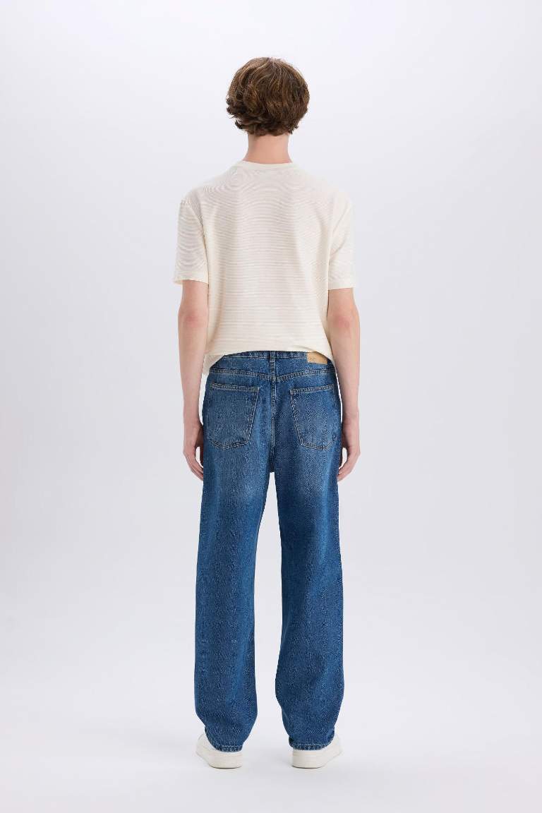 %100 Pamuk Baggy Fit Geniş Kalıp Normal Bel Geniş Paça Soluk Efektli Jean Pantolon