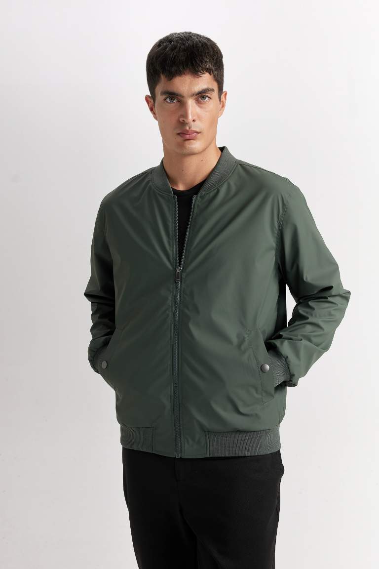 Slim Fit College Collar Zippered Light Bomber Jacket