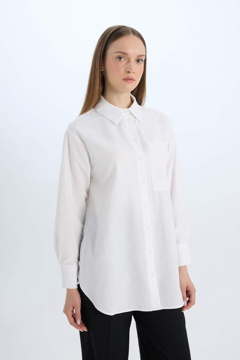 Relax Fit Poplin Basic White Long Sleeve Shirt Tunic