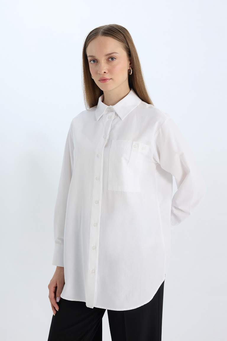 Relax Fit Poplin Basic White Long Sleeve Shirt Tunic