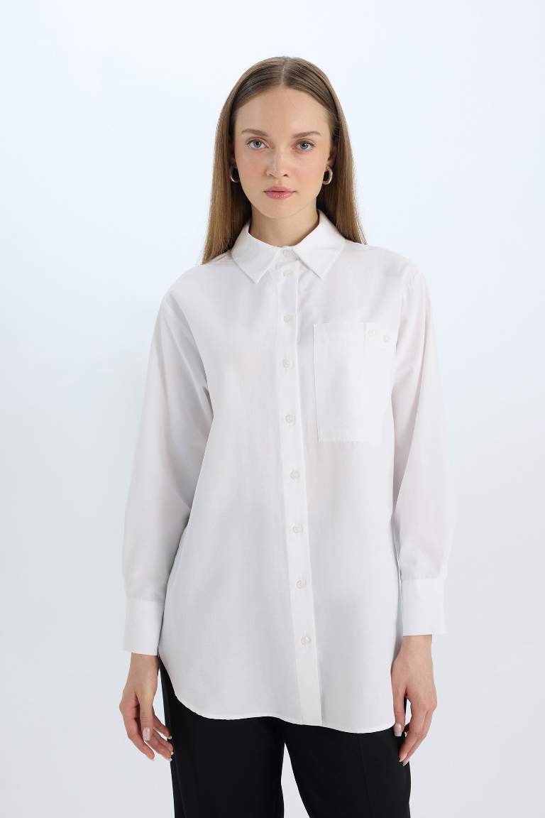 Relax Fit Poplin Basic White Long Sleeve Shirt Tunic