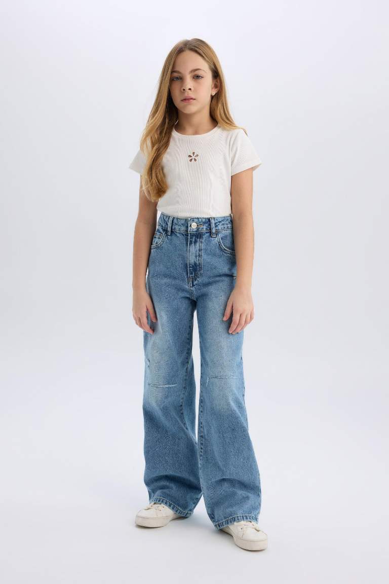 Kız Çocuk Wide Leg Yırtık Detaylı Geniş Paça Jean Pantolon