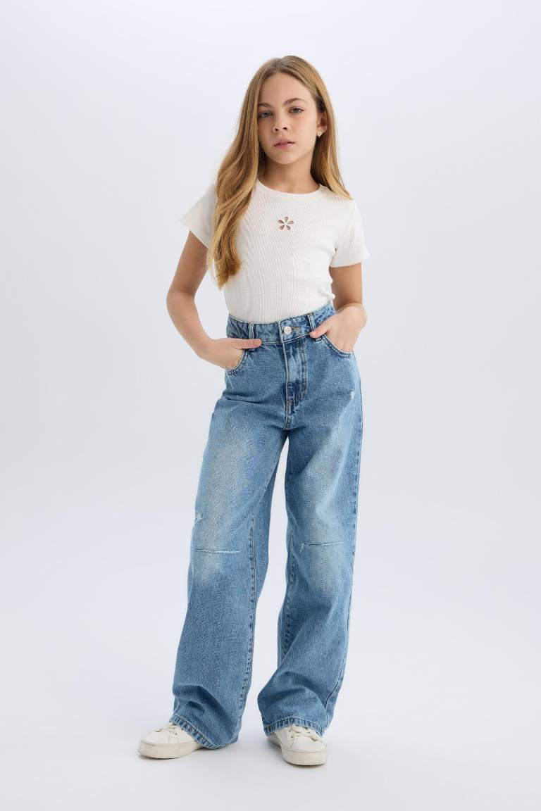 Kız Çocuk Wide Leg Yırtık Detaylı Geniş Paça Jean Pantolon