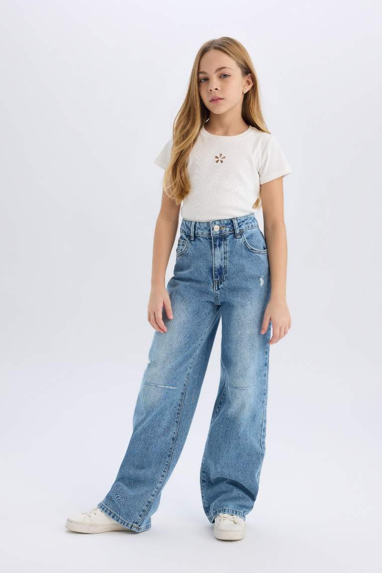 Kız Çocuk Wide Leg Yırtık Detaylı Geniş Paça Jean Pantolon