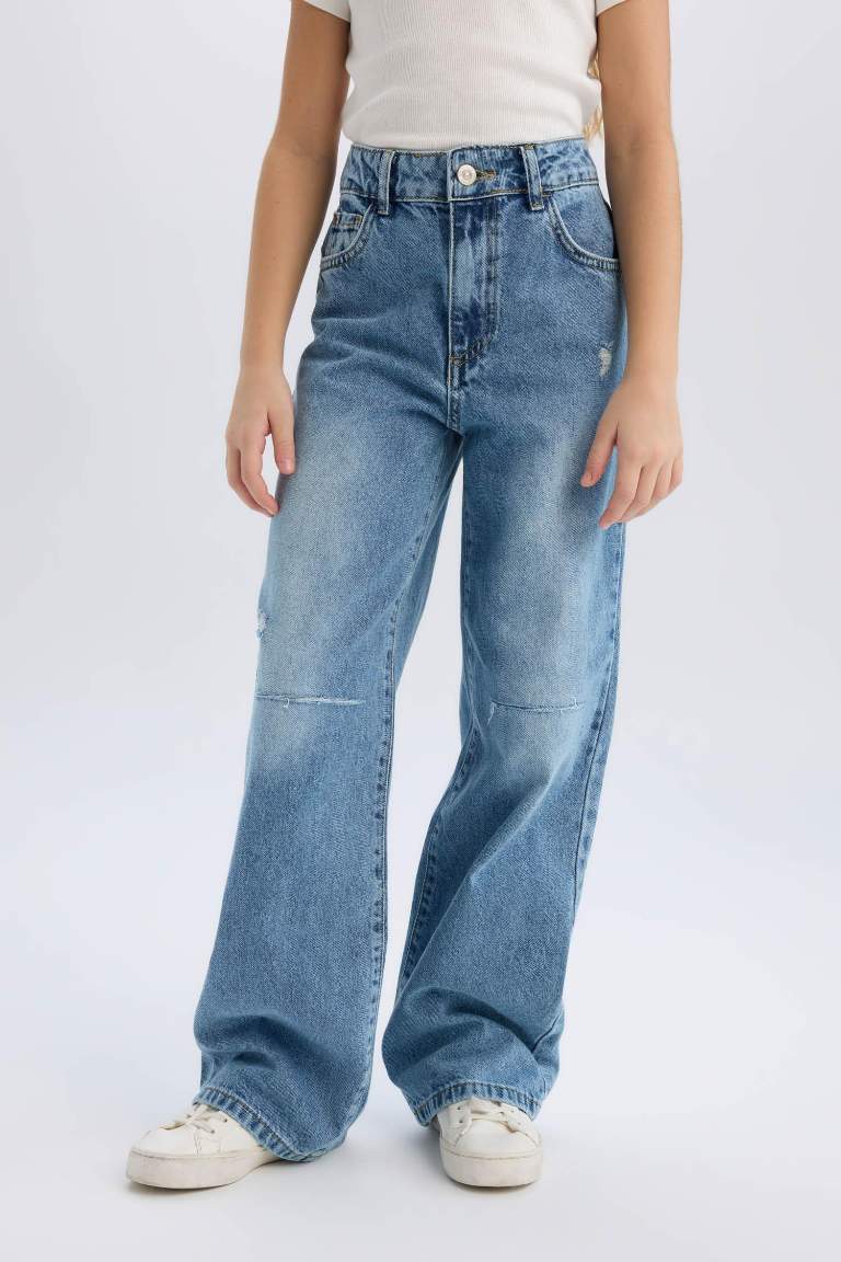 Kız Çocuk Wide Leg Yırtık Detaylı Geniş Paça Jean Pantolon