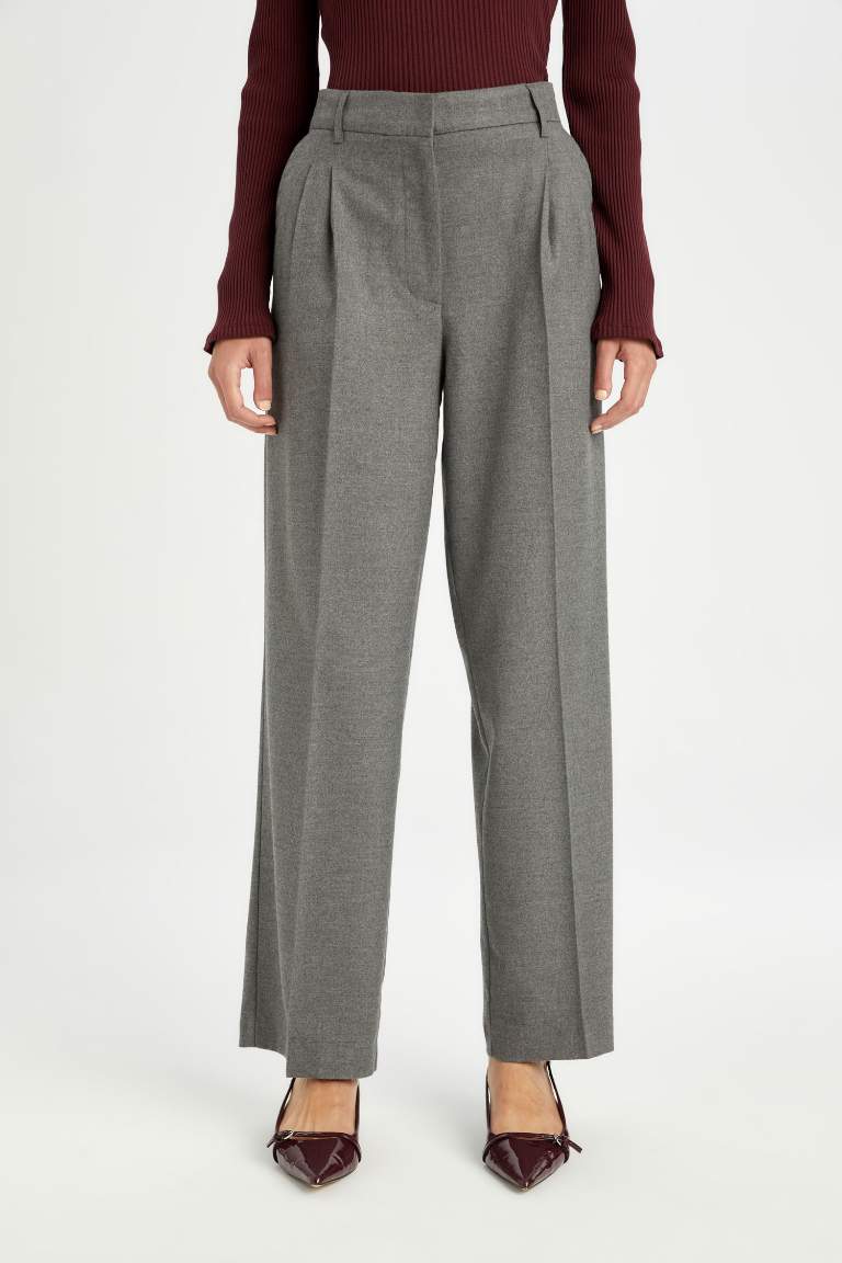 Wide Leg Klasik Kışlık Palazzo Pantolon Cepli Yüksek Bel Pileli Düz Paça