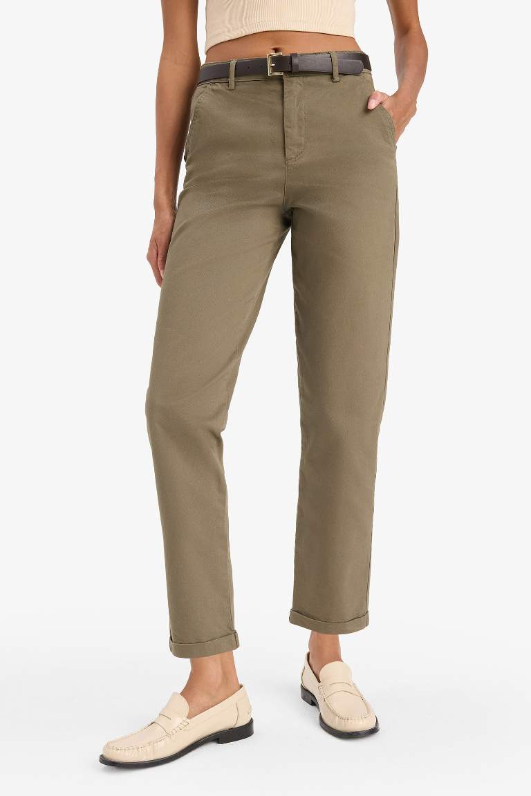 Carrot Fit Kemerli Gabardin Pantolon Cepli Yüksek Bel Düz Paça