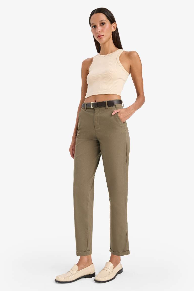 Carrot Fit Kemerli Gabardin Pantolon Cepli Yüksek Bel Düz Paça