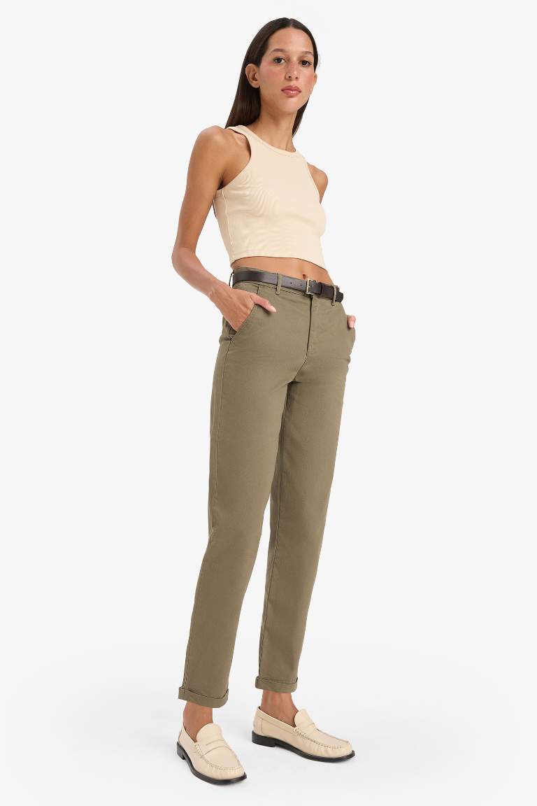 Carrot Fit Kemerli Gabardin Pantolon Cepli Yüksek Bel Düz Paça
