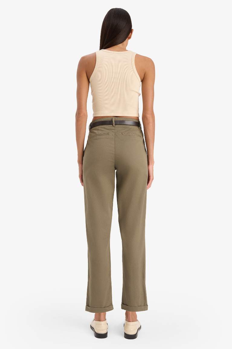 Carrot Fit Kemerli Gabardin Pantolon Cepli Yüksek Bel Düz Paça