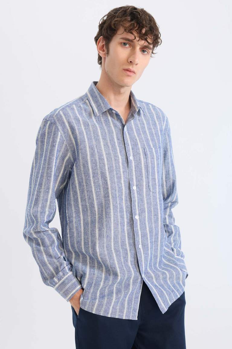 Regular Fit Polo Collar Striped Linen Long Sleeve Shirt