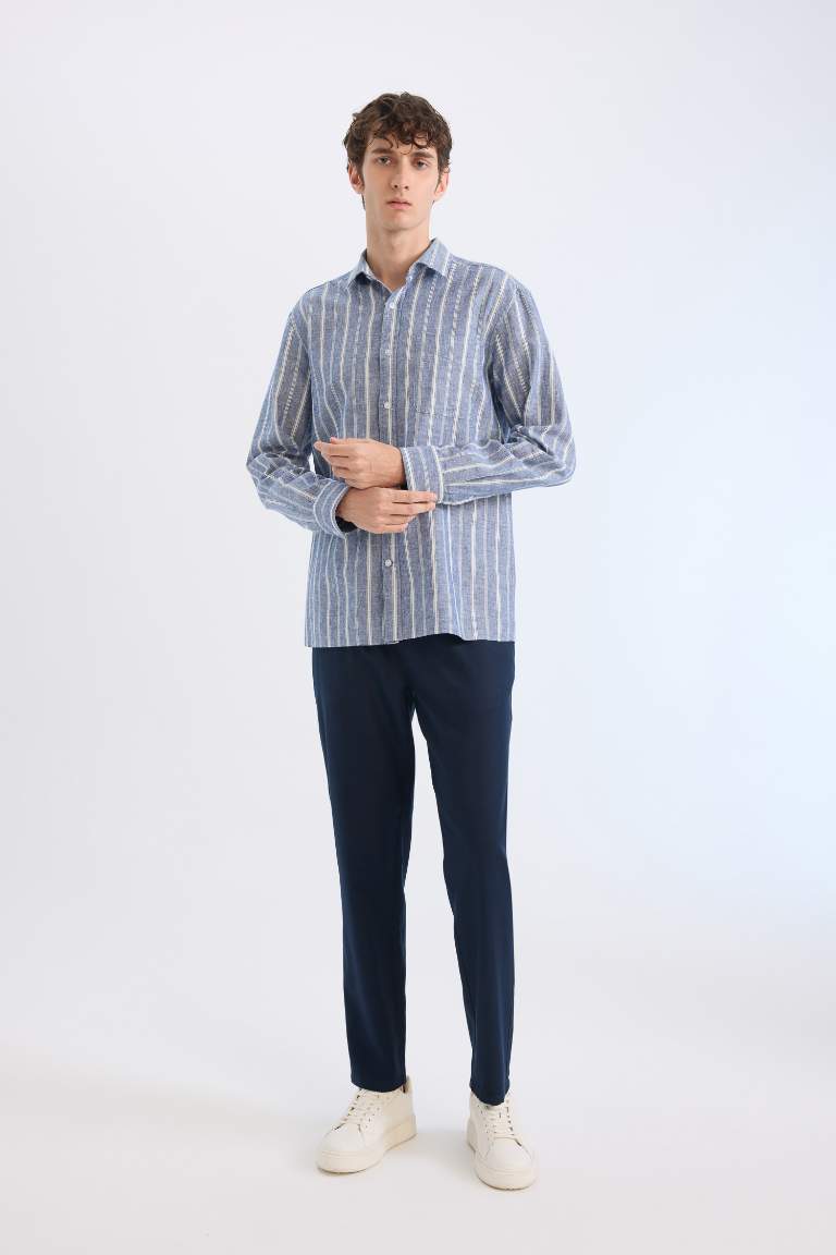 Regular Fit Polo Collar Striped Linen Long Sleeve Shirt