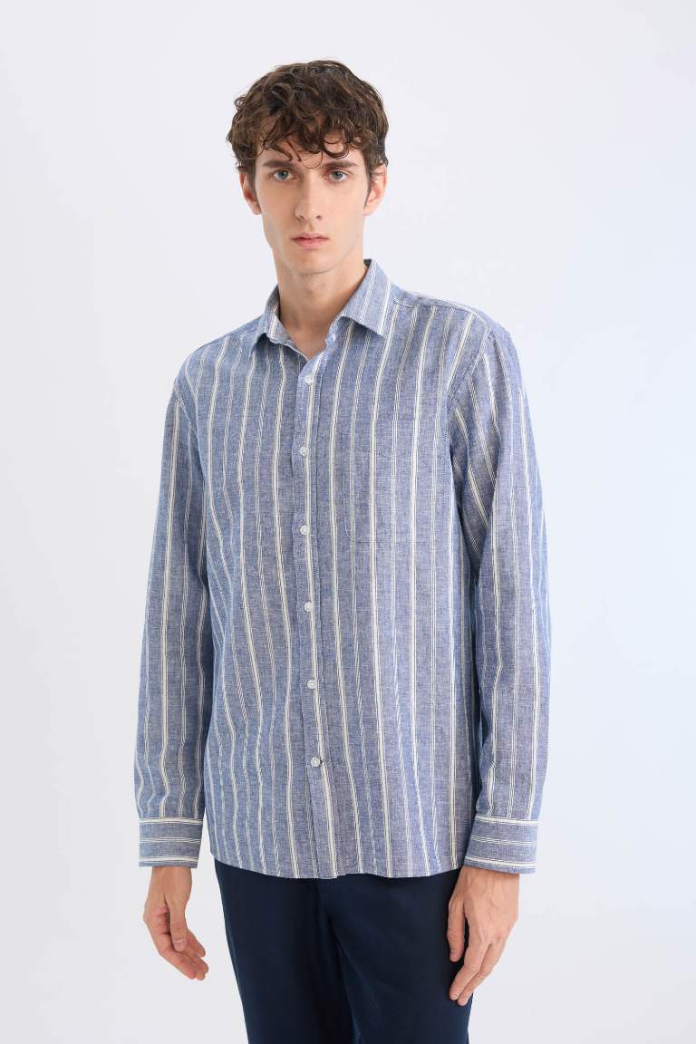 Regular Fit Polo Collar Striped Linen Long Sleeve Shirt