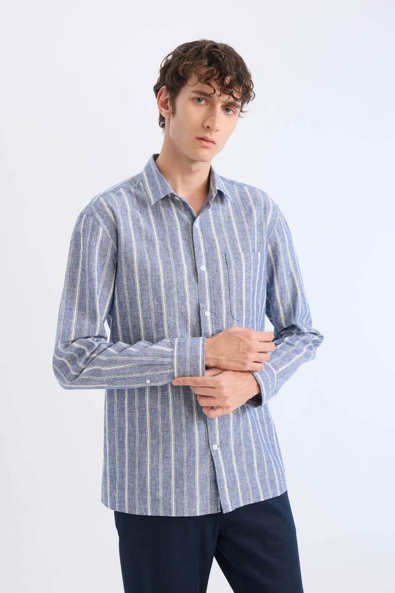 Regular Fit Polo Collar Striped Linen Long Sleeve Shirt