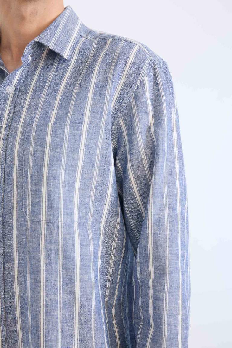 Regular Fit Polo Collar Striped Linen Long Sleeve Shirt