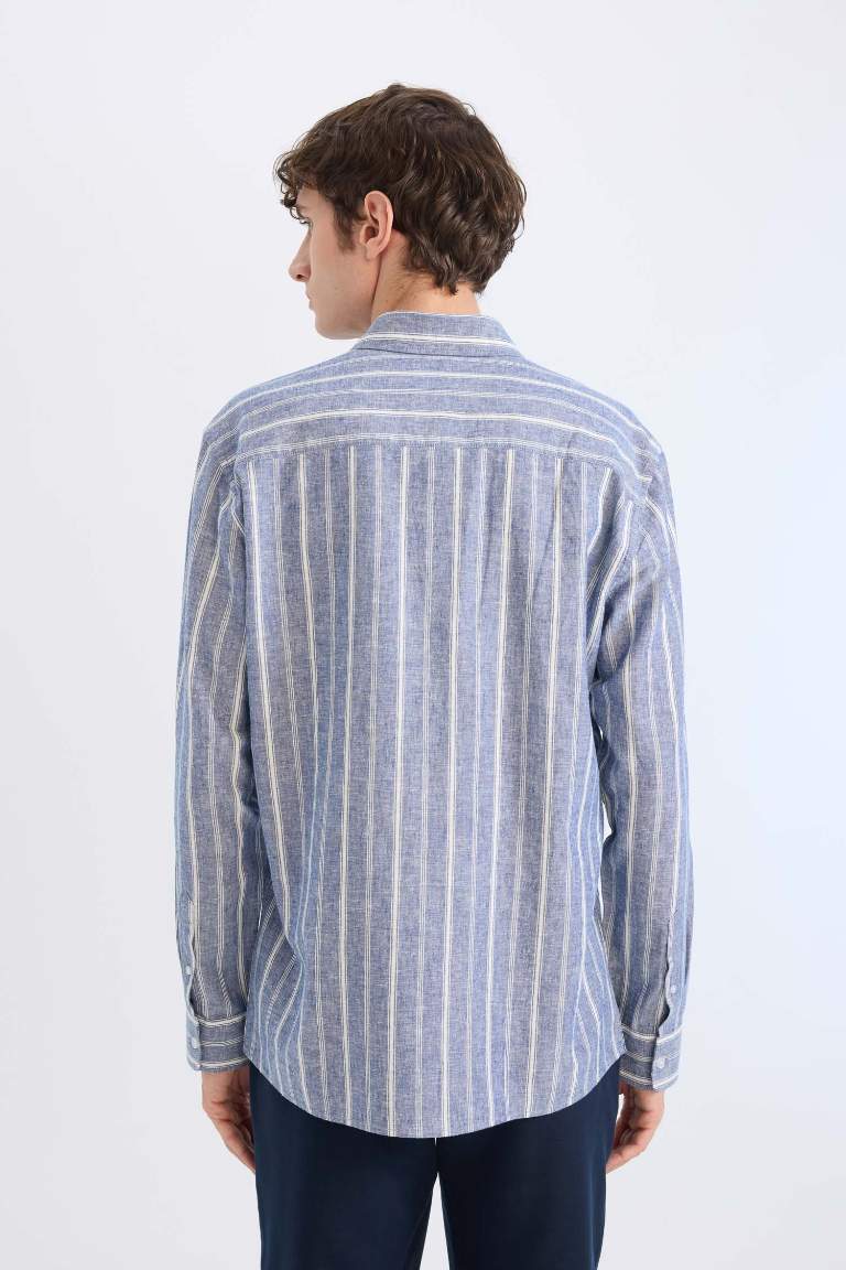 Regular Fit Polo Collar Striped Linen Long Sleeve Shirt