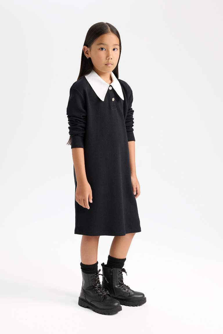 Girl Shirt Collar Basic Long Sleeve Black Dress