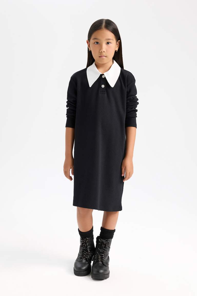 Girl Shirt Collar Basic Long Sleeve Black Dress