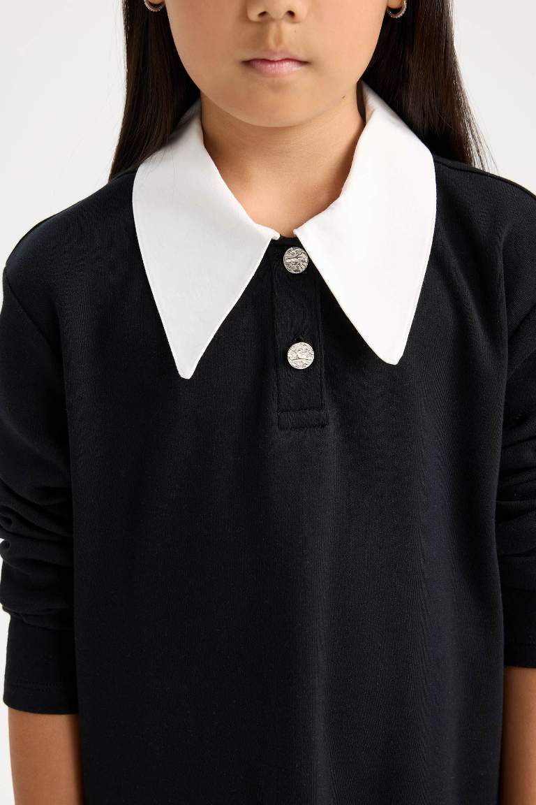 Girl Shirt Collar Basic Long Sleeve Black Dress