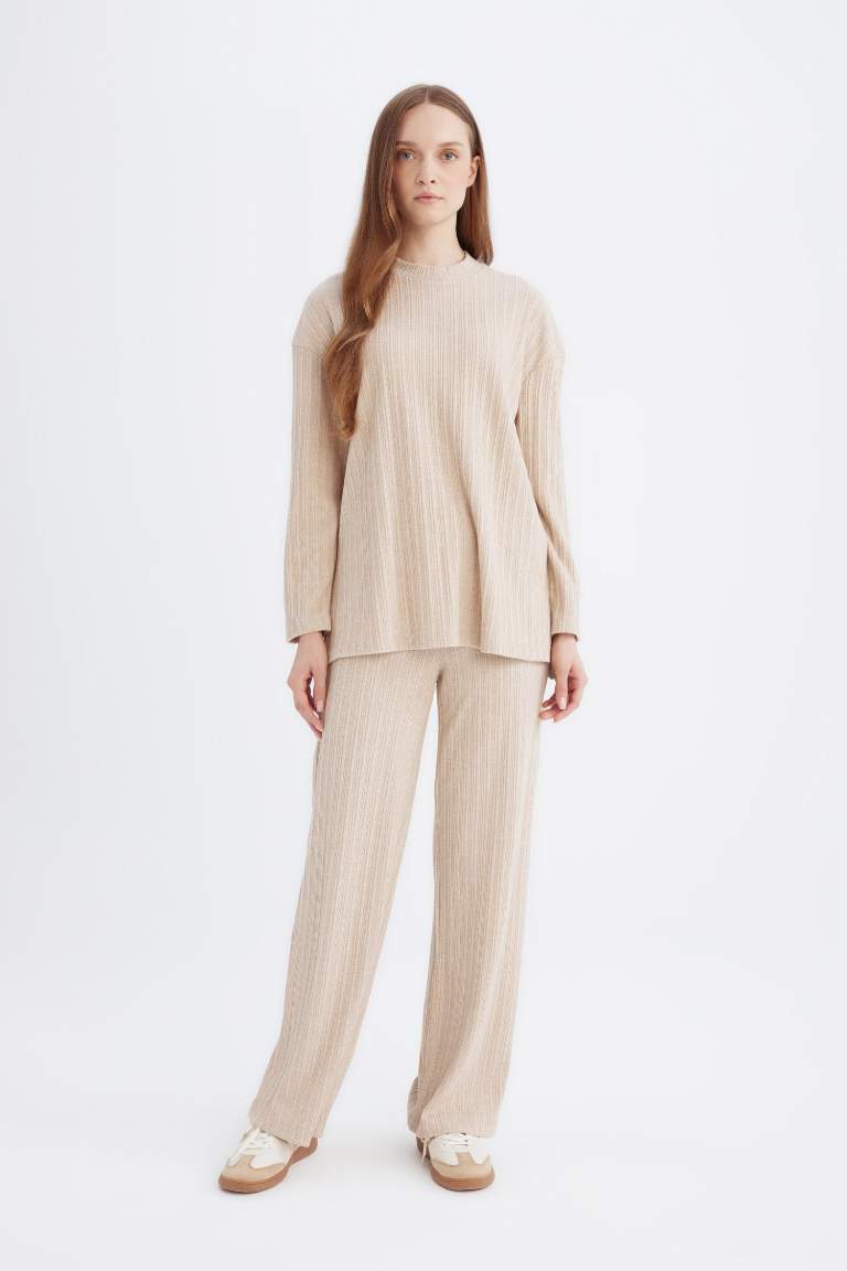 Regular Beli Lastikli Basic Düz Fit Fitilli Kaşkorse Geniş Paça Pantolon