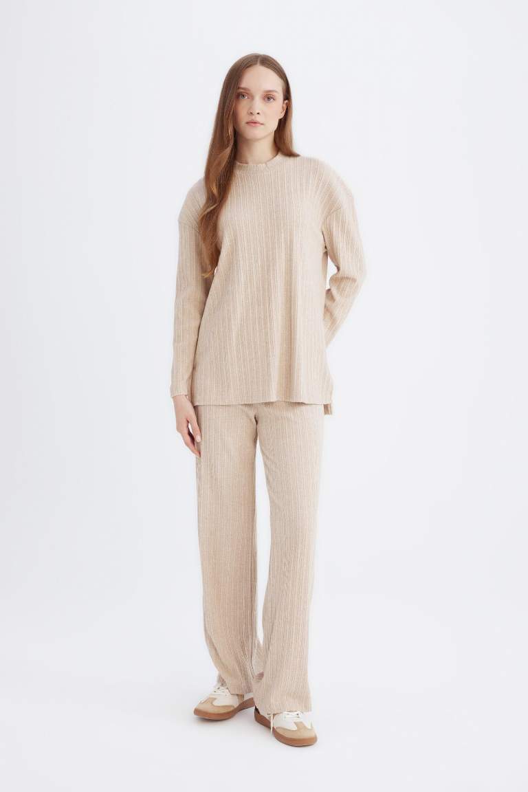 Regular Beli Lastikli Basic Düz Fit Fitilli Kaşkorse Geniş Paça Pantolon