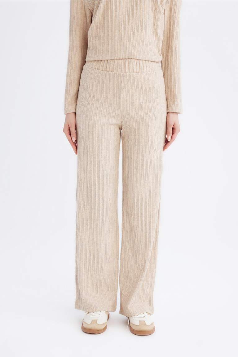 Regular Beli Lastikli Basic Düz Fit Fitilli Kaşkorse Geniş Paça Pantolon