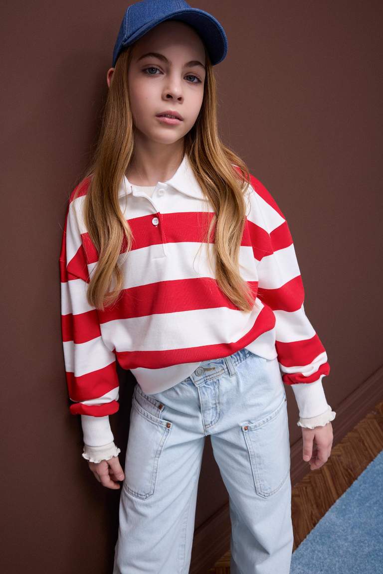 Girl Relax Fit Polo Neck Printed Sweatshirt