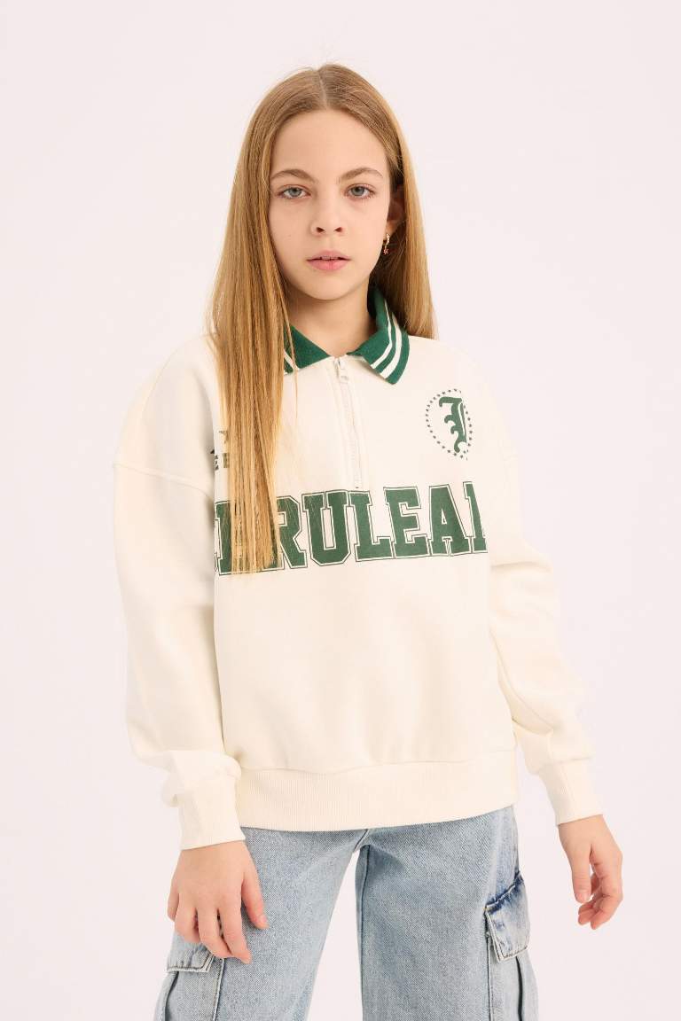 Girl Oversize Fit Polo Neck Printed Soft Furry Sweatshirt