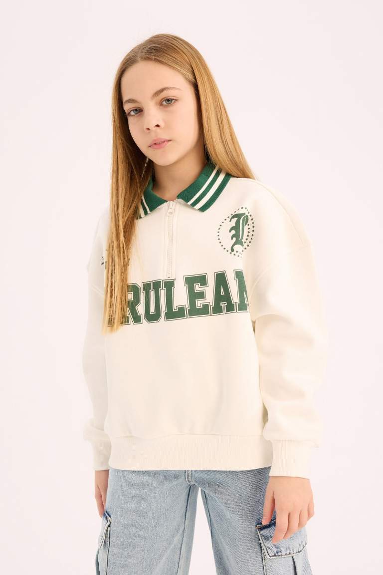 Girl Oversize Fit Polo Neck Printed Soft Furry Sweatshirt