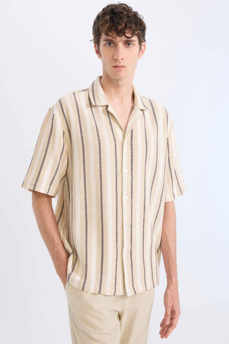 Relax Fit Resort Neck Cotton Striped Short Sleeve Shirt