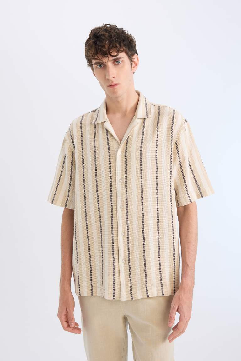 Relax Fit Resort Neck Cotton Striped Short Sleeve Shirt