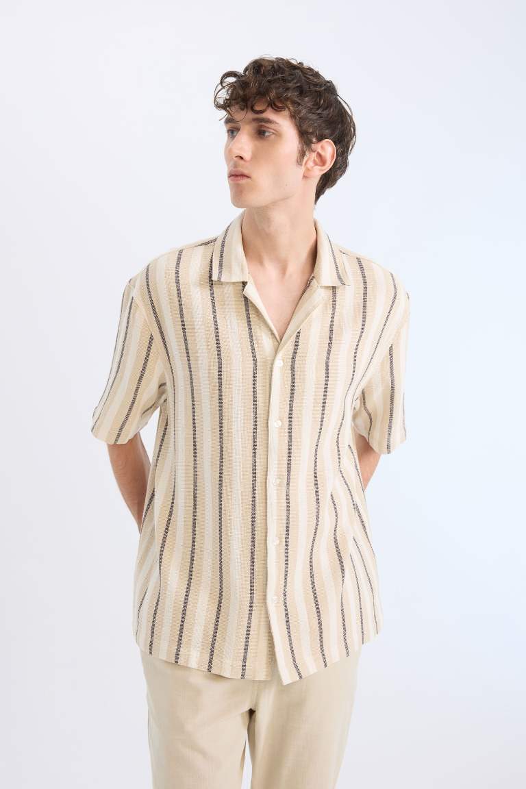 Relax Fit Resort Neck Cotton Striped Short Sleeve Shirt