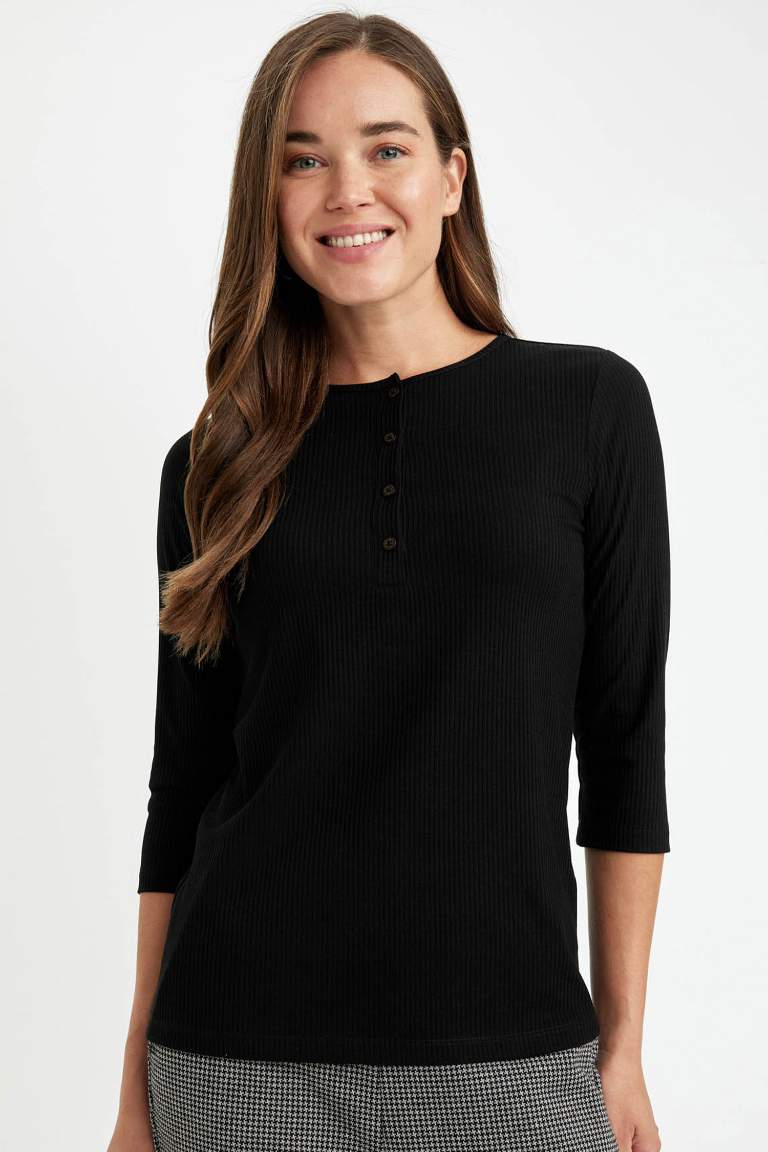 Black Regular Fit Ribbed Camisole Buttoned Basic T-Shirt